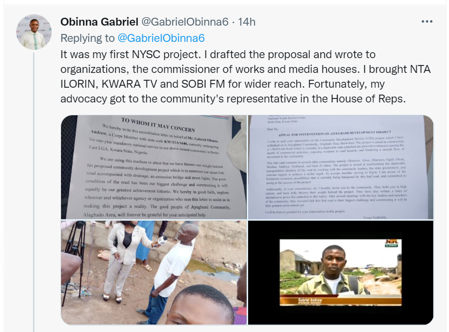 Corps member narrates how he was able to bring a road construction project to a community he