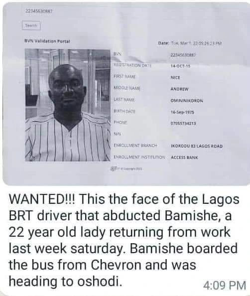 Lady who went missing after boarding BRT bus is 