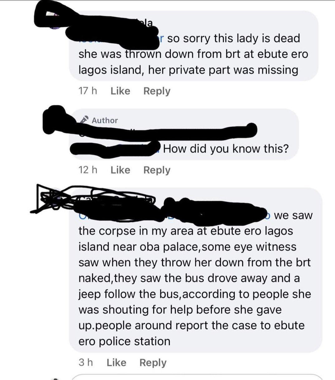 Eyewitness who saw Bamise after she was tossed from BRT bus claims she was still alive but they were discouraged from taking her to the hospital 