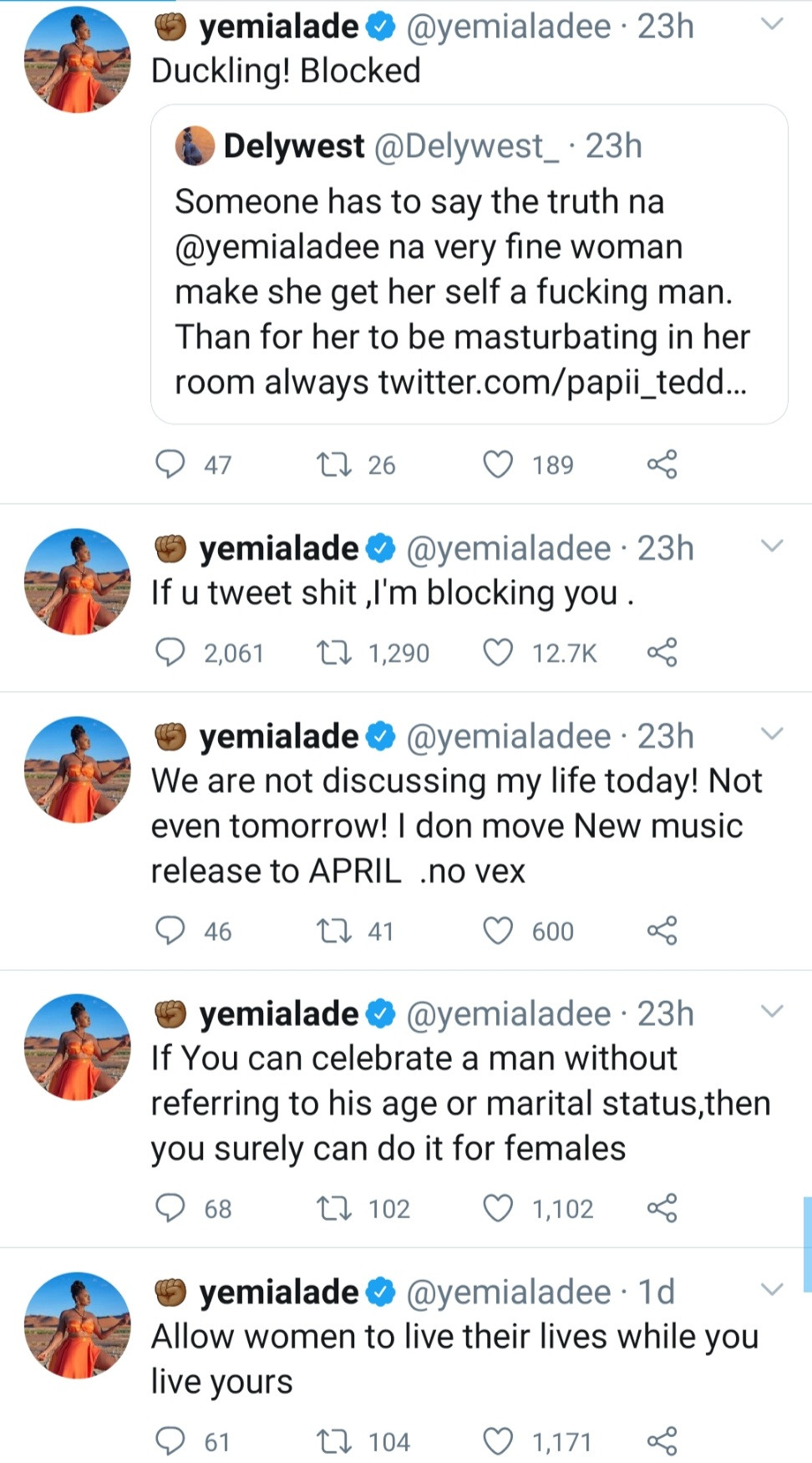 Yemi Alade responds to a man on Twitter who shamed her for not being married