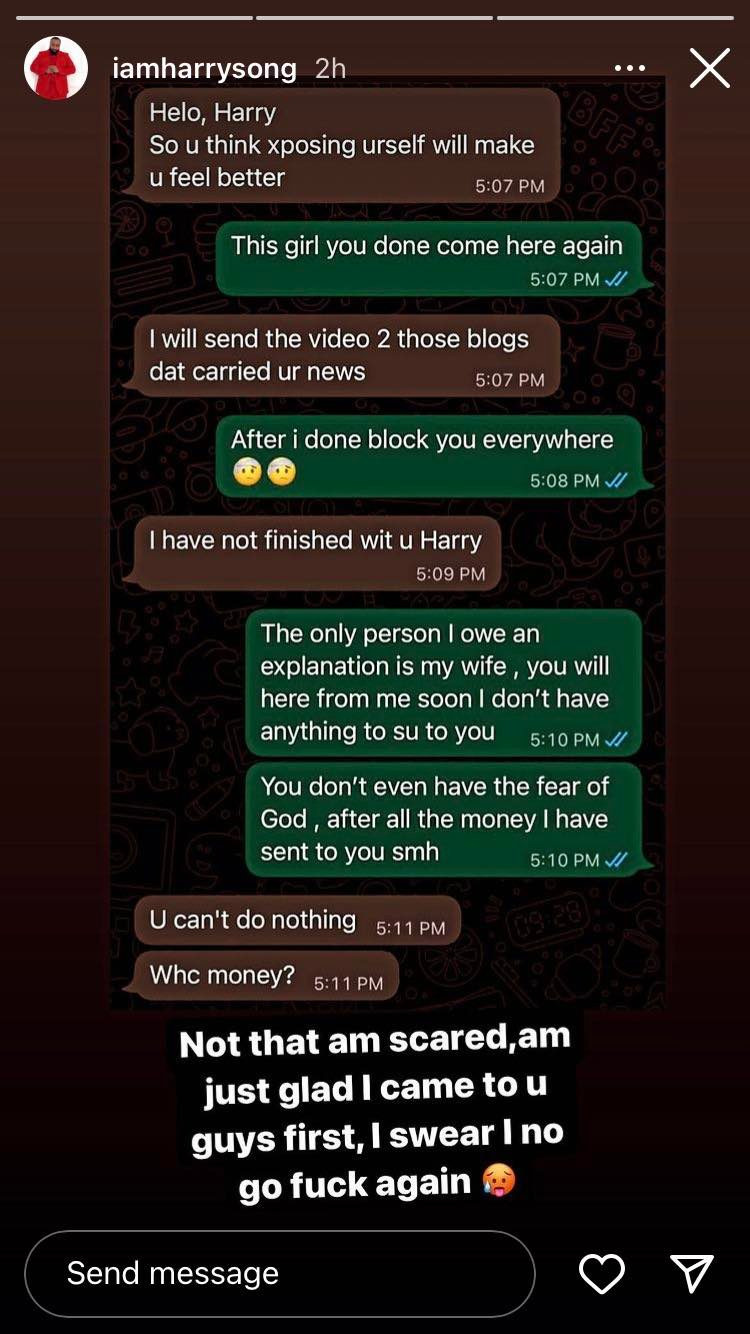 Singer Harrysong shares chat between him and his alleged blackmailer 