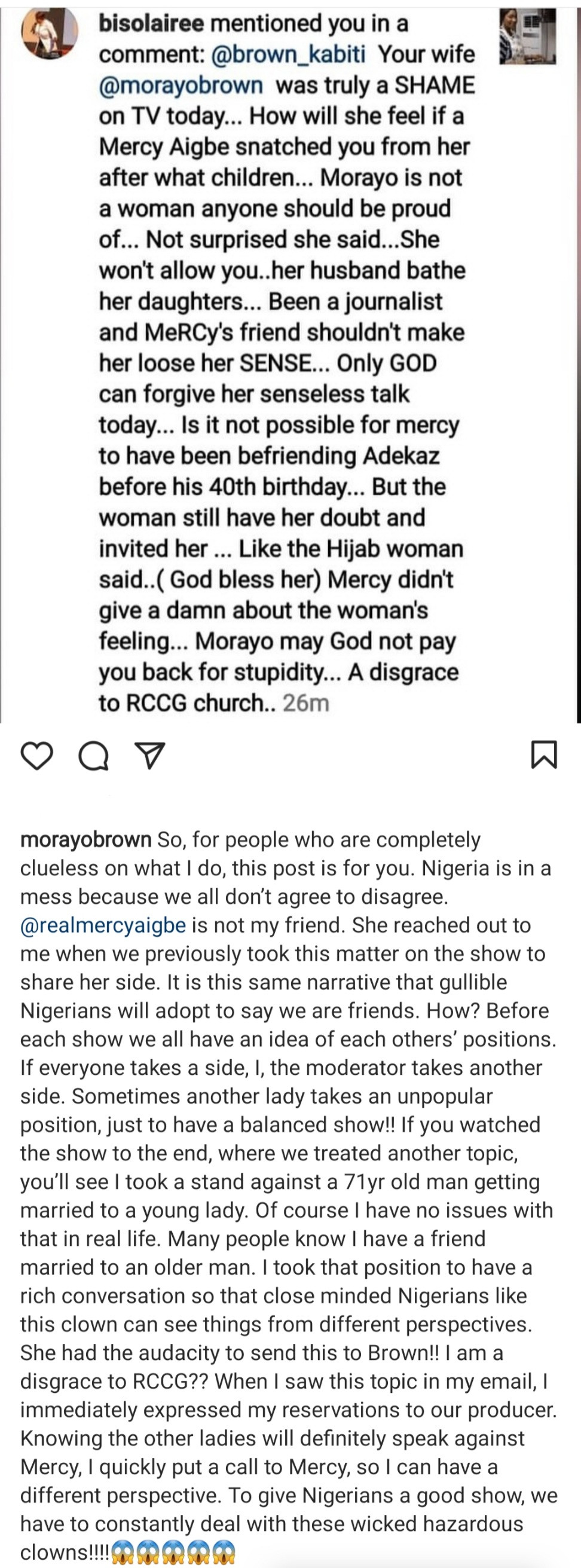 Morayo Brown shares message sent to her husband to report her because she took a stand in support of Mercy Aigbe on TV