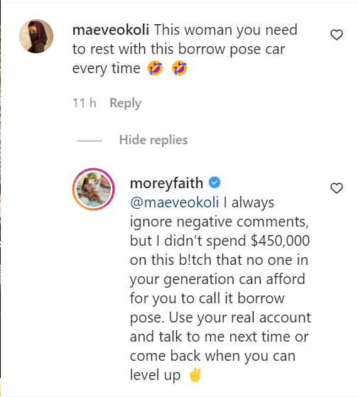 I didn?t spend $450,000 on this b!tch that no one in your generation can afford for you to call it borrow pose - Supermodel Morey Faith replies troll after showing off her Rolls Royce