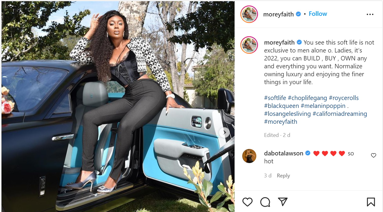 I didn?t spend $450,000 on this b!tch that no one in your generation can afford for you to call it borrow pose - Supermodel Morey Faith replies troll after showing off her Rolls Royce