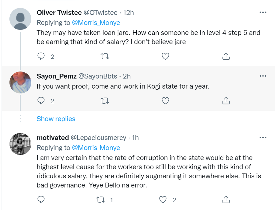 Twitter users share screenshots of Kogi state civil servants