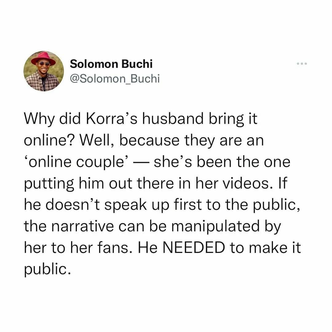 Writer Solomon Buchi sides with Korra Obidi