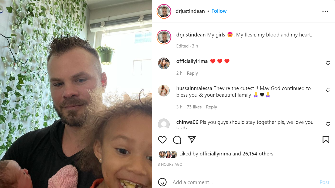 My flesh, my blood and my heart - Justin Dean says as he shares photo of him and his daughters to counter claim of them not being his after accusing his estranged wife, Korra Obidi of cheating