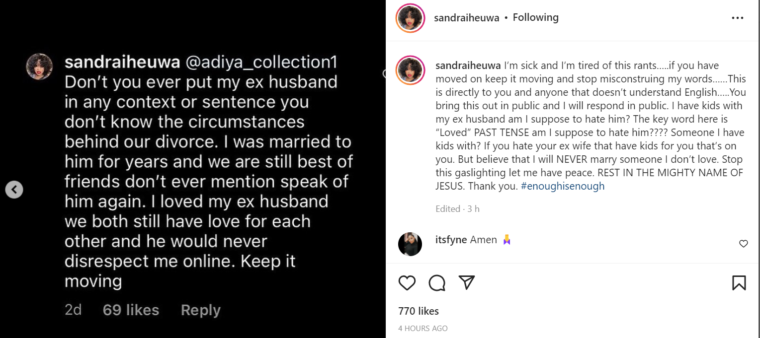 If you hate your ex wife that has kids for you that?s on you - Sandra Iheuwa fires back at her estranged husband Steve Thompson after he suggested she never loved him but loves her ex-husband