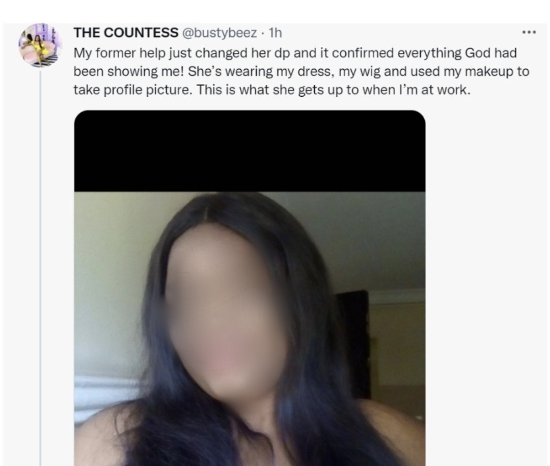 Lady calls out her househelp who has been wearing her dress, her wig and using her makeup to take profile pictures while she