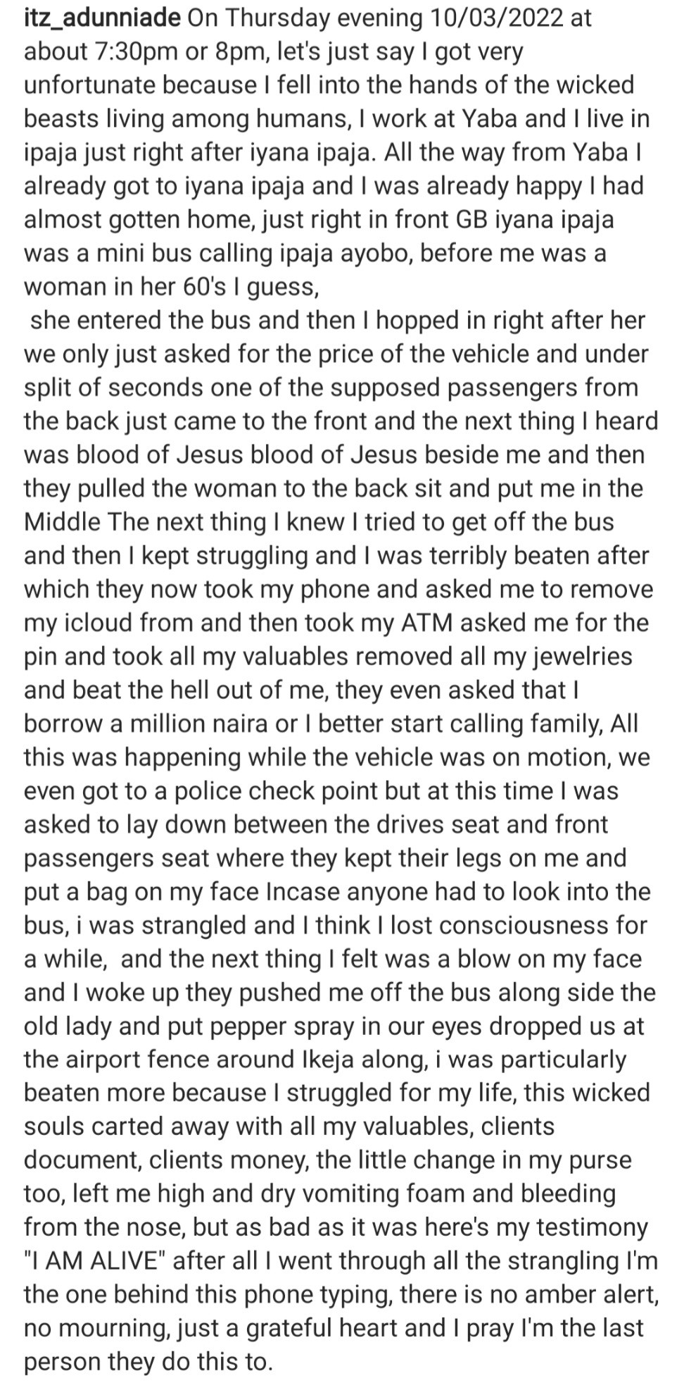 Woman shares horrific ordeal after she boarded 