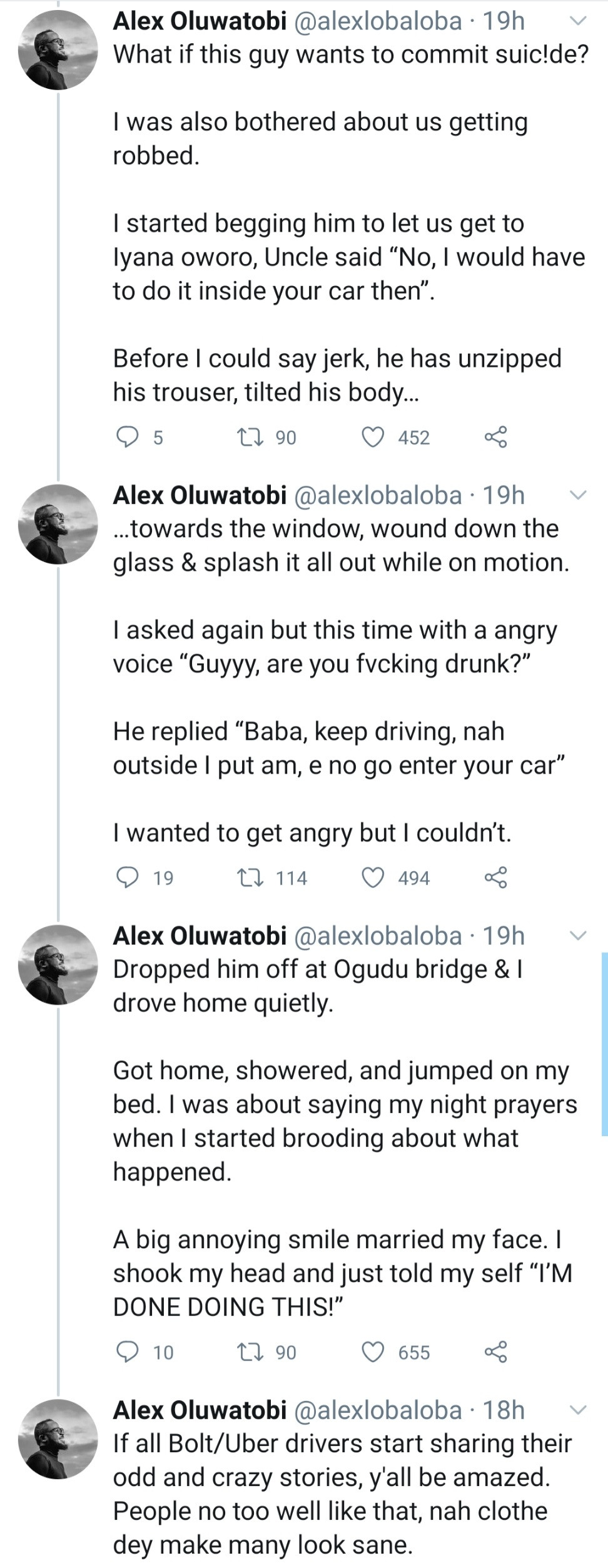 Uber driver narrates encounter with a passenger who made an odd request then proceeded to pee from the window of the moving car when his request was denied