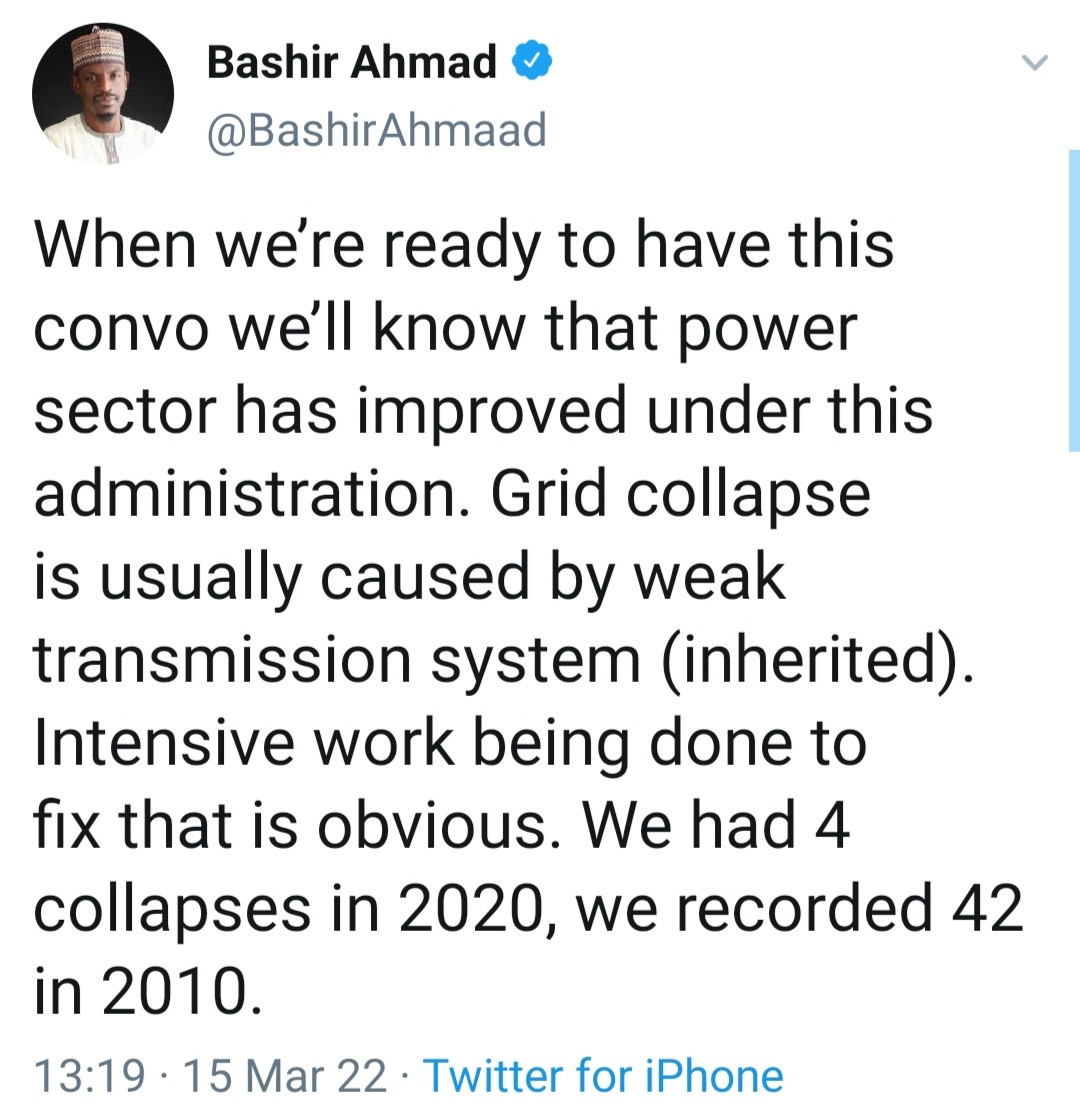 Electricity has improved under Buhari - Presidential aide Bashir Ahmad says after collapse of national grid