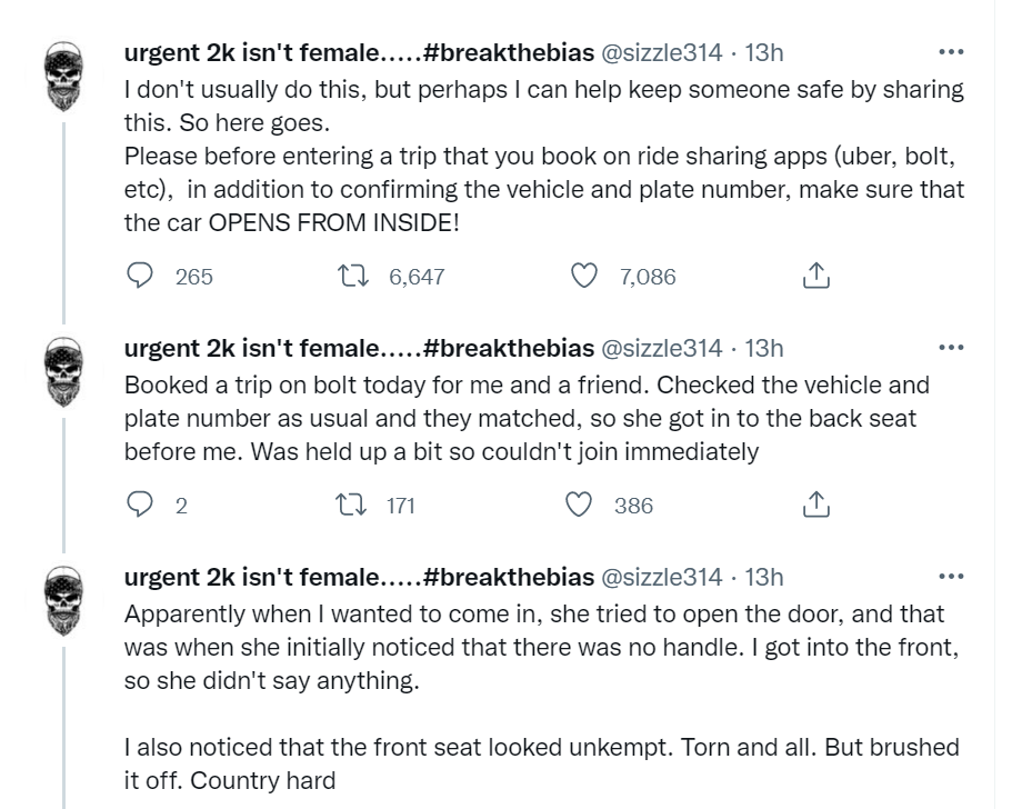 Before entering a trip that you booked on a ride sharing app, make sure that car opens from the inside - Twitter user warns 