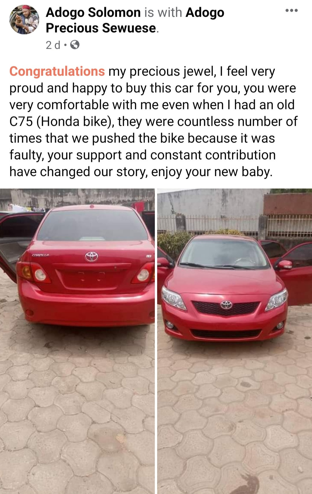 Man gifts wife a car for staying with him when he had just a motorcycle 