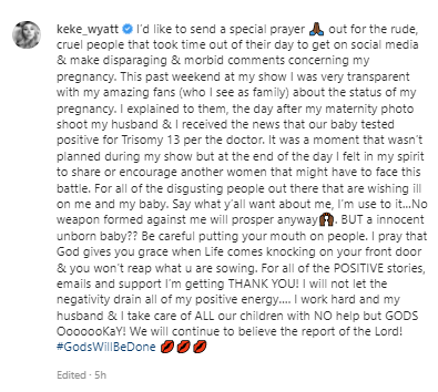 Keke Wyatt, 40, reveals her unborn baby has been diagnosed with a rare genetic disorder, Trisomy 13 (video)