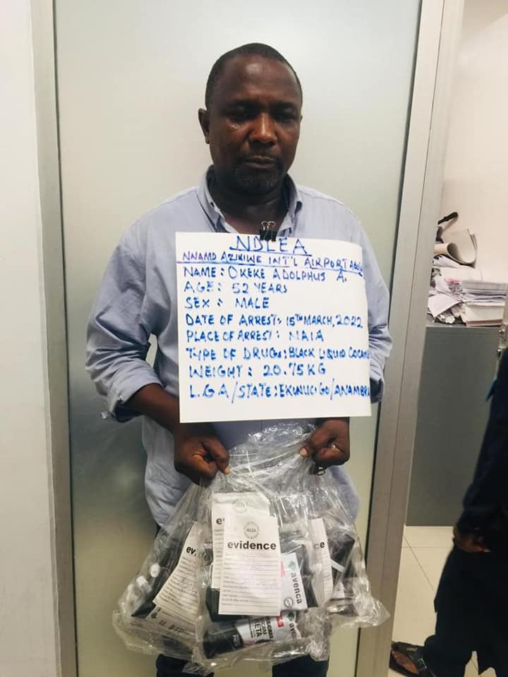 Father of 4 arrested with 20.75kg black liquid cocaine in makeup mascara at Abuja airport as NDLEA recovers 865.2kg drugs, 30,880 tablets of Tramadol 