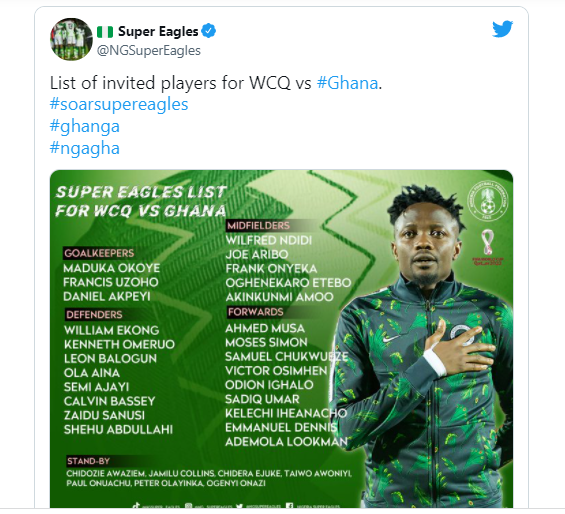 2022 World Cup qualifier: Ighalo, Emmanuel Dennis, Lookman,  22 other Super Eagles stars invited for playoff against Ghana