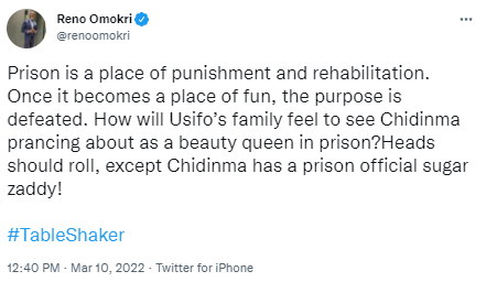 How will Usifo?s family feel to see Chidinma prancing about as a beauty queen in prison?- Reno Omokri tackles prison officials for allowing killer suspect participate in beauty pageant