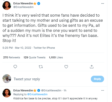 I don?t appreciate it in anyway - BBNaija star Erica Nlewedim calls out Kiddrica fans for sending her mum gifts so they can get information from her