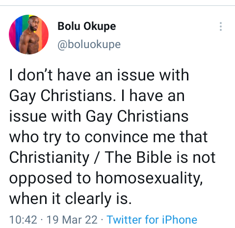 I have issue with gay Christians who try to convince me that Christianity/Bible is not opposed to homosexuality - Bolu Okupe says 