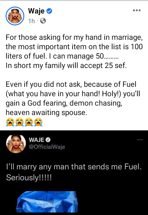 I will marry any man that sends me fuel - Singer, Waje says as scarcity bites harder 