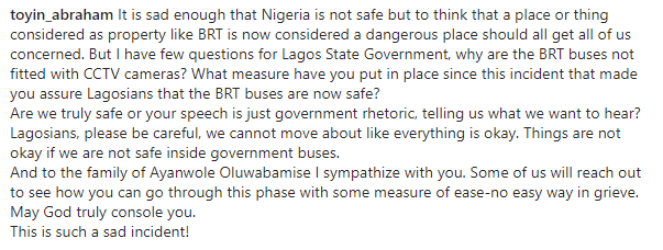 #JusticeforBamise: Why are the BRT buses not fitted with CCTV cameras?- Actress Toyin Abraham-Ajeyemi takes on Lagos state government following the murder of a 22 year old lady