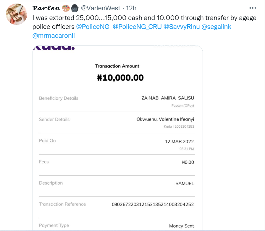 Man shares screenshot of debit alert he got after allegedly being forced to make a transfer by Lagos police officers