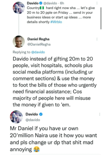 N20m gift: Davido replies a 