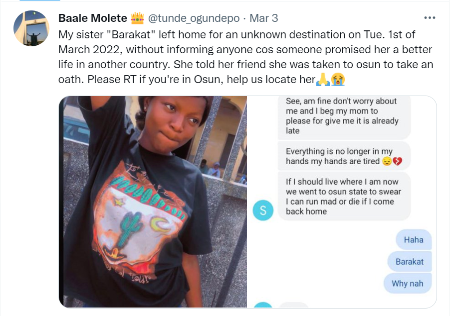 Nigerian man shares disturbing message from his sister who left home after someone promised her a better life