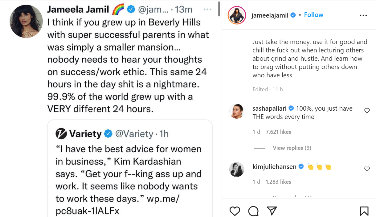 Nobody needs to hear your thoughts on success - Actress Jameela Jamil rips Kim Kardashian?s viral work ethic advice