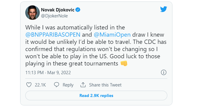 Novak Djokovic pulls out of Indian Wells and Miami Open due to US Covid rules after refusing to be vaccinated