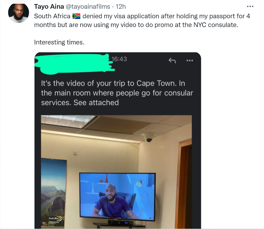 South Africa denied my visa application after holding my passport for 4 months but they are now using my video to do promo at the NYC consulate - Media personality, Tayo Aina