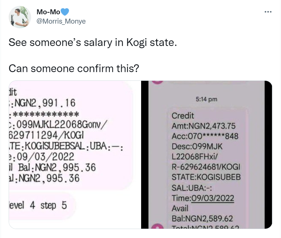 Twitter users share screenshots of Kogi state civil servants