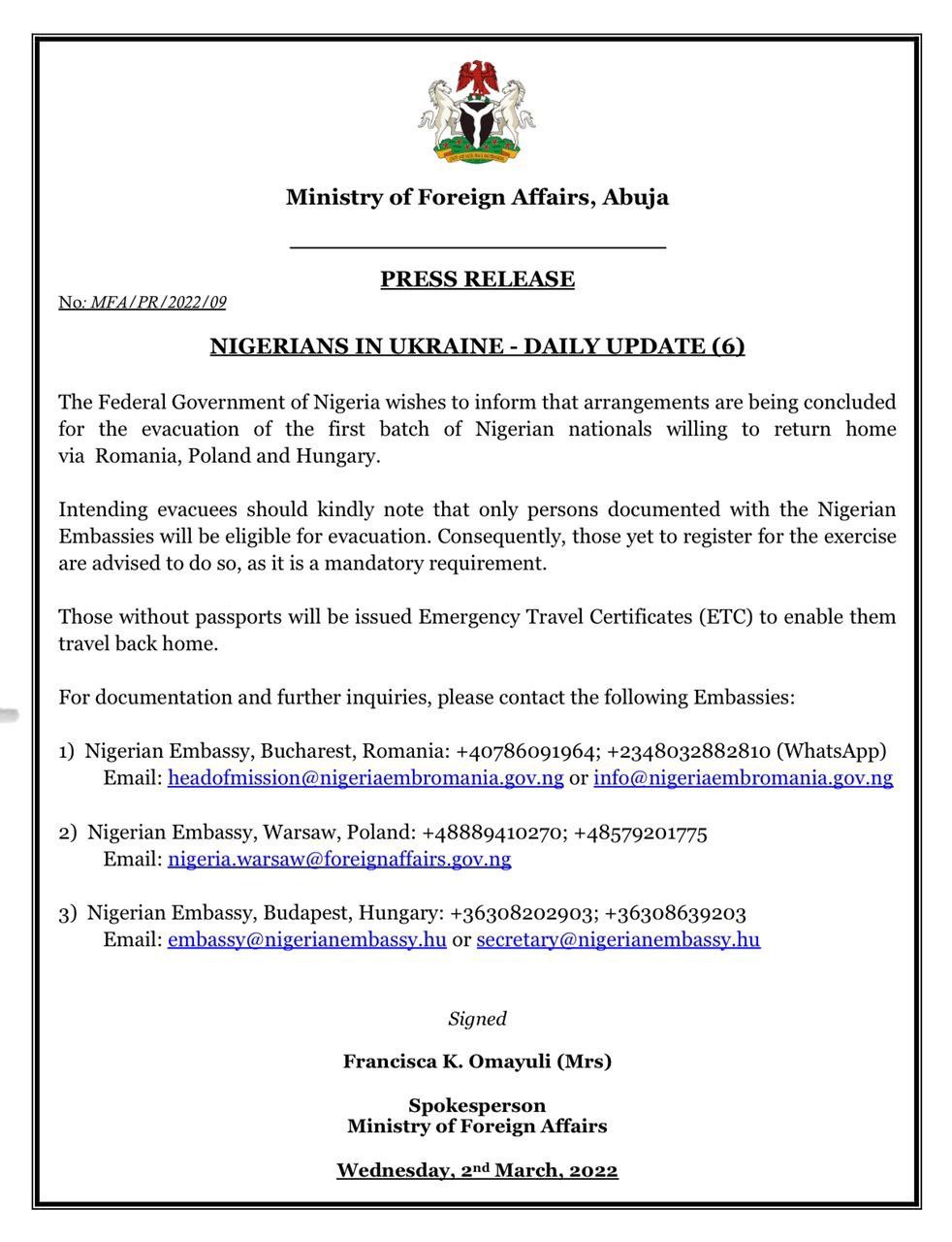 Ukraine: Only persons documented with the Nigerian embassies will be evacuated - Ministry of Foreign Affairs informs stranded Nigerians